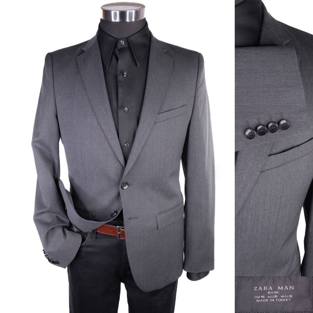 Zara Bazer Mens Sz 36 Solid Gray 2 Button Sport Coat Jacket Blazer Wool Blend